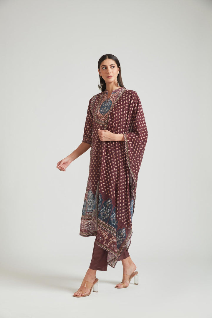 Neerus Maroon cotton chikankari suit set - side view