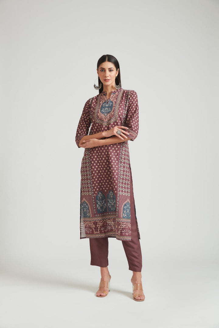 Neerus Maroon cotton chikankari suit set - front view