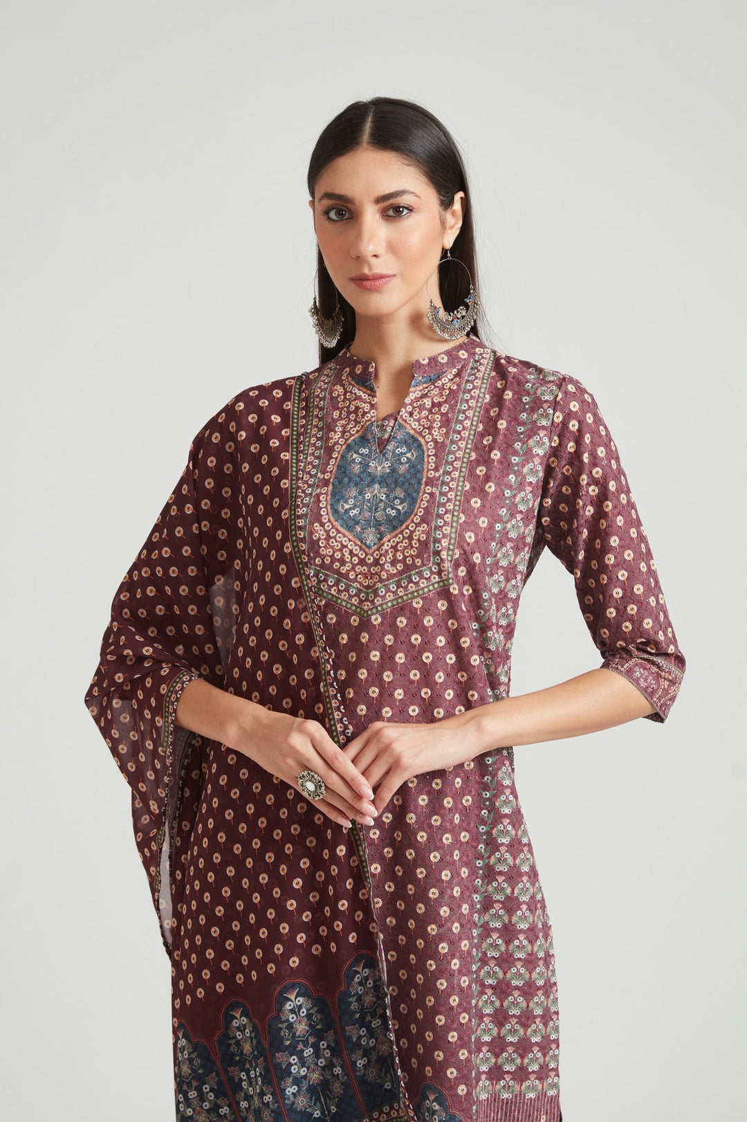 Neerus Maroon cotton chikankari suit set - back view