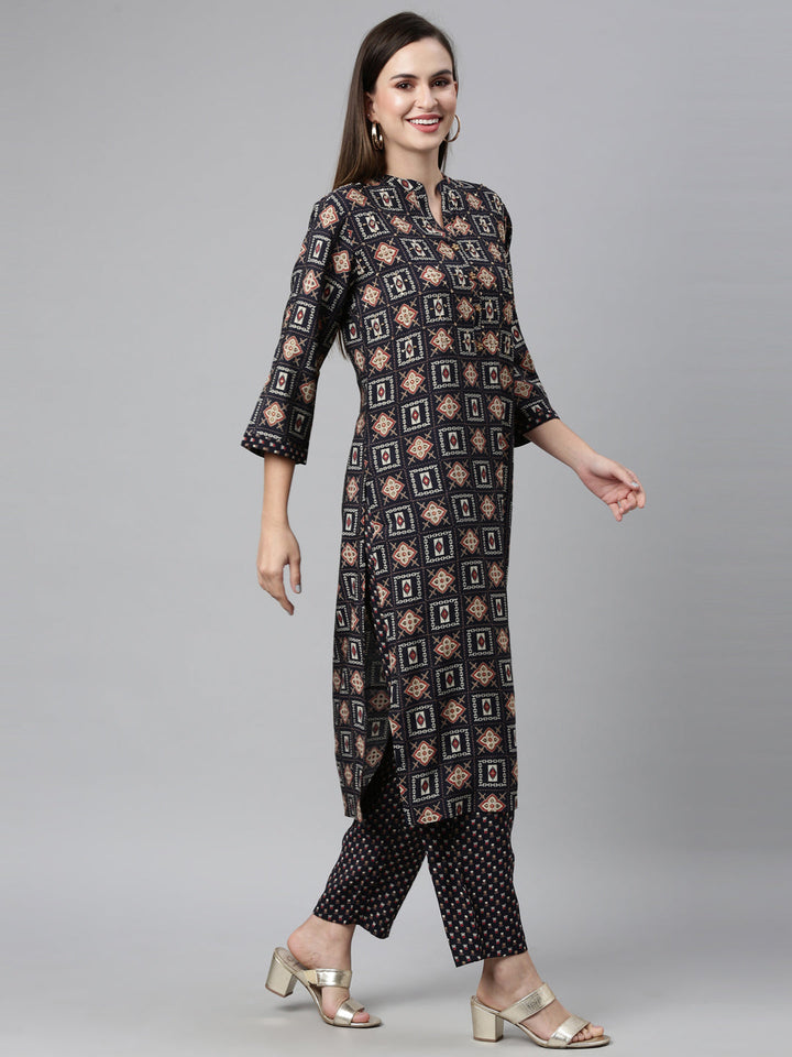 Neerus Blue cotton embellished kurta set with dupatta - front view