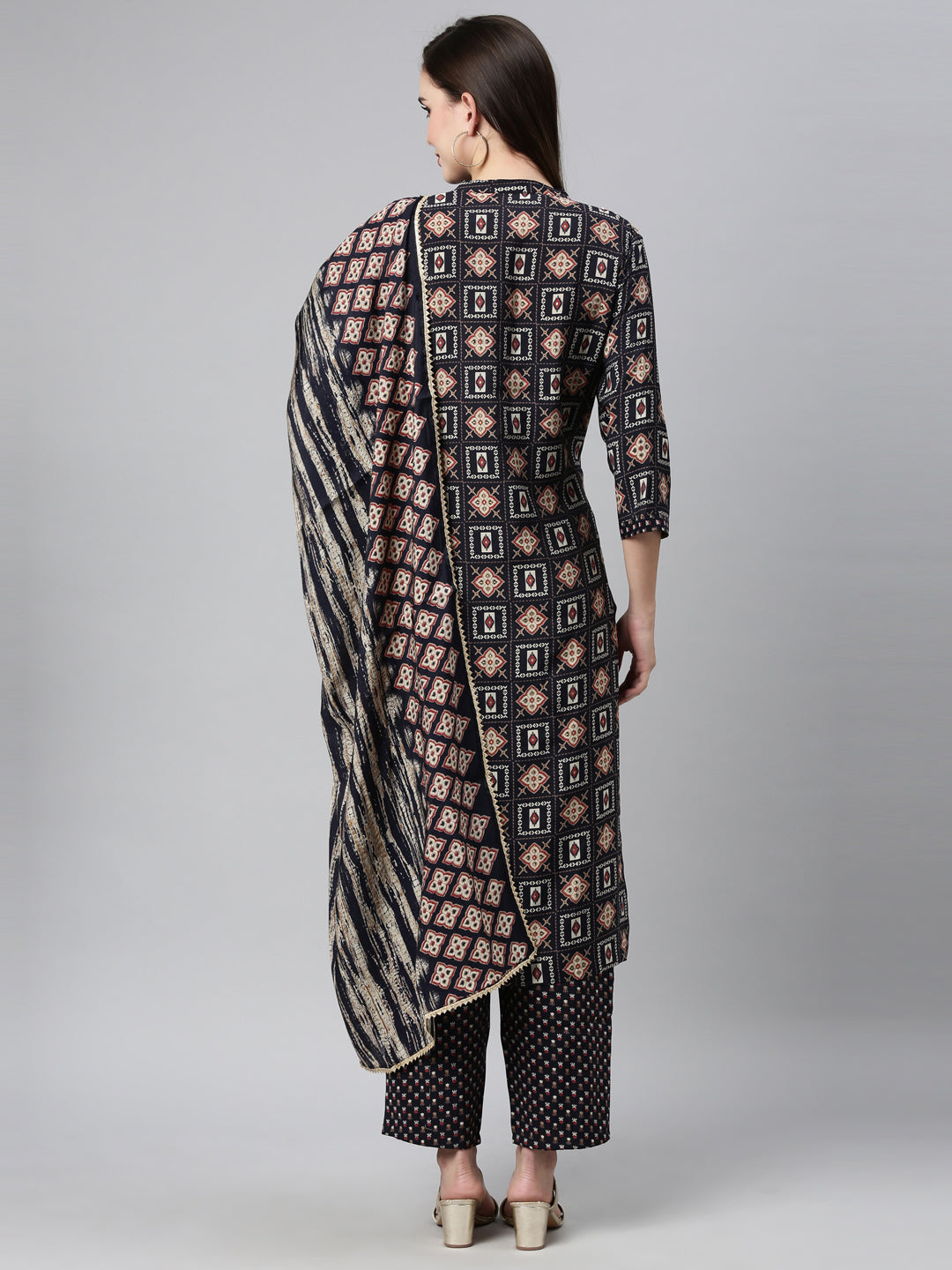 Neerus Blue cotton embellished kurta set with dupatta - back view