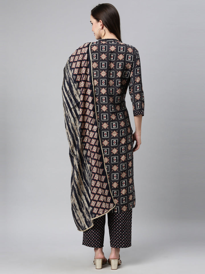 Neerus Blue cotton embellished kurta set with dupatta - back view