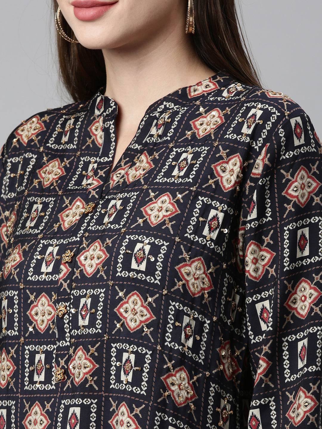 Neerus Blue cotton embellished kurta set with dupatta - side view