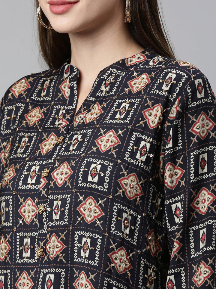 Neerus Blue cotton embellished kurta set with dupatta - side view