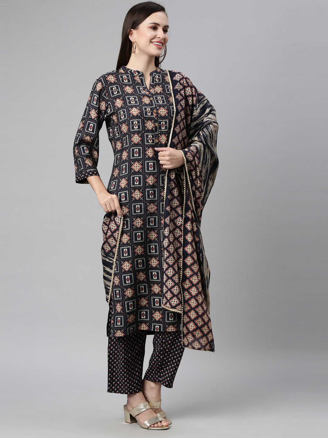 Neerus Blue cotton embellished kurta set with dupatta - detail view 1