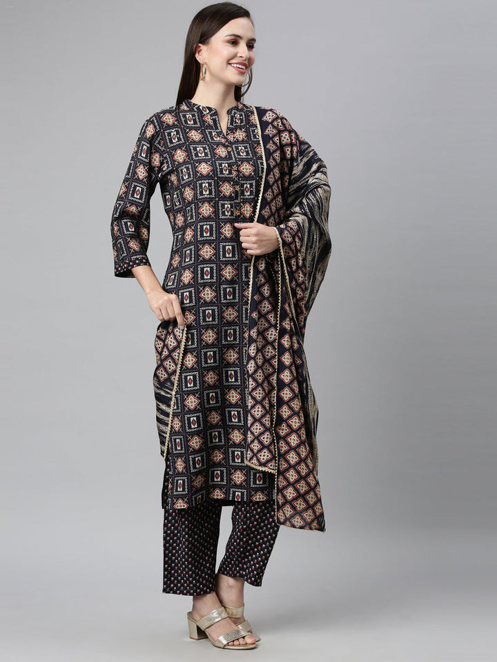 Neerus Blue cotton embellished kurta set with dupatta - detail view 1