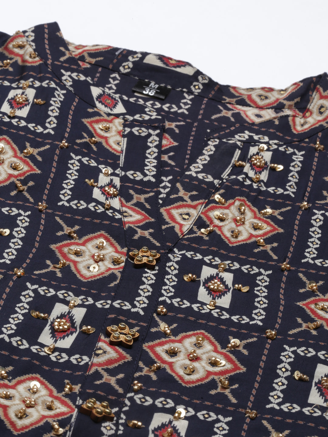 Neerus Blue cotton embellished kurta set with dupatta - detail view 5
