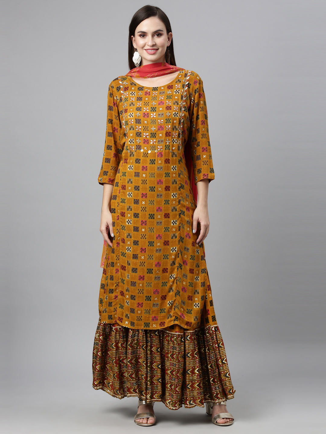 Neerus Yellow viscose rayon embellished kurta set - detail view 6