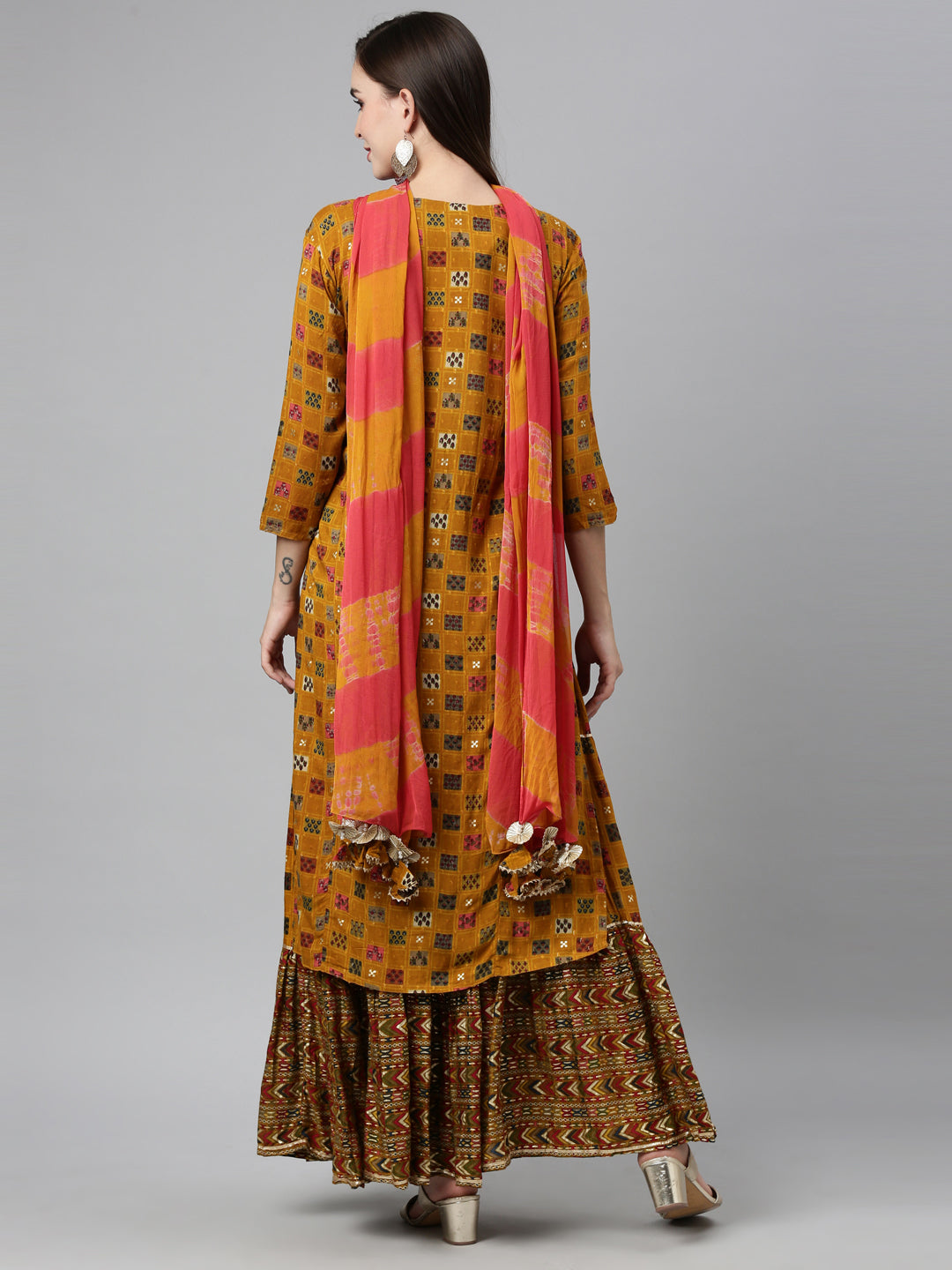 Neerus Yellow viscose rayon embellished kurta set - back view