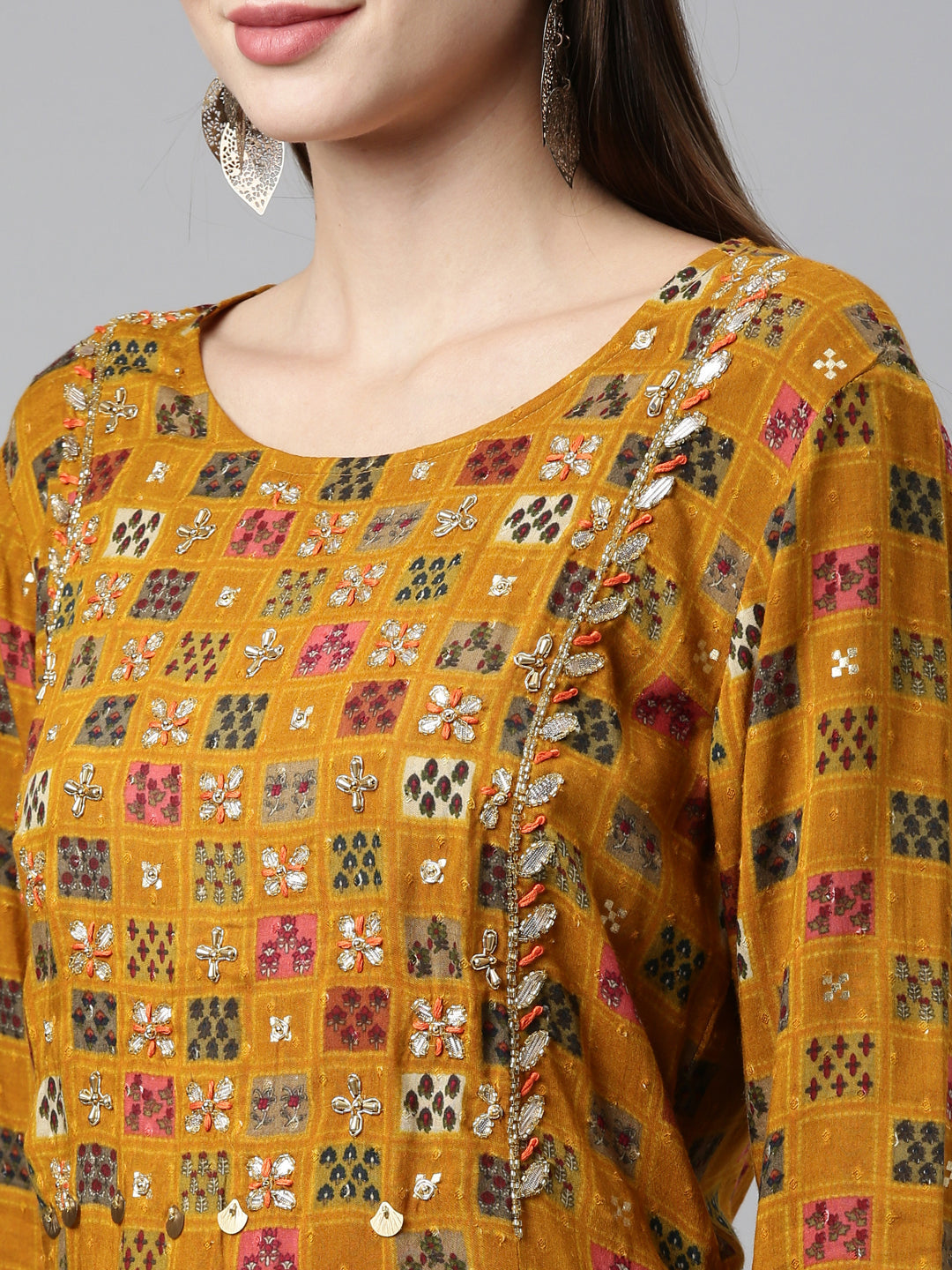 Neerus Yellow viscose rayon embellished kurta set - side view