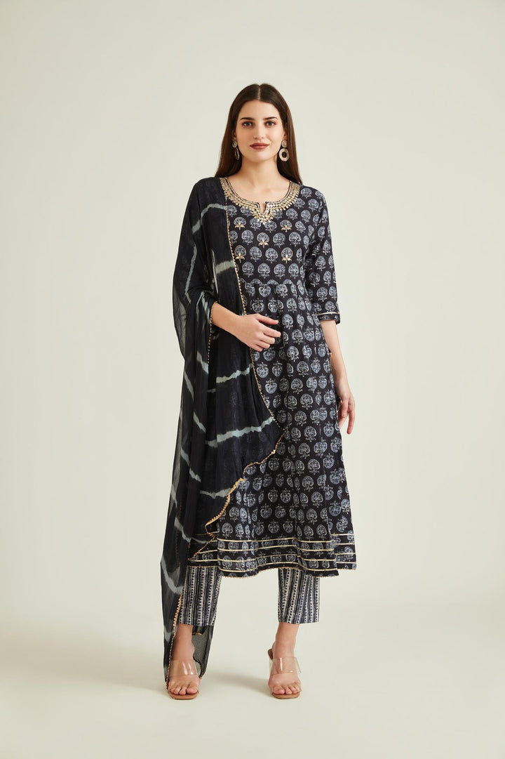 Neerus Black cotton embellished anarkali kurta - front view