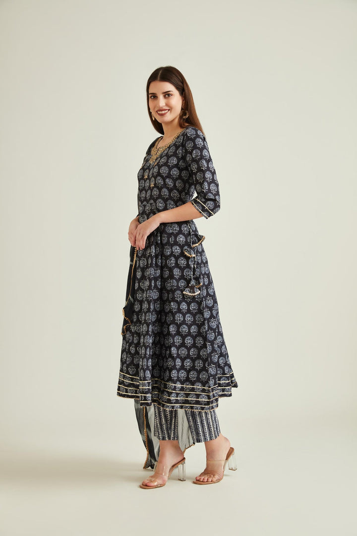 Neerus Black cotton embellished anarkali kurta - back view