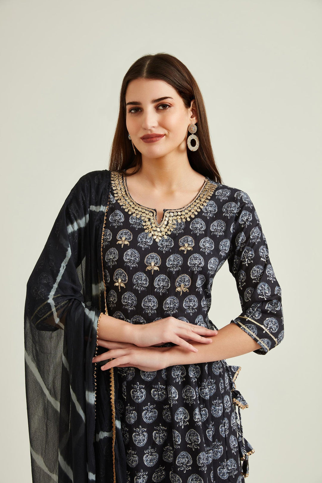 Neerus Black cotton embellished anarkali kurta - detail view 1