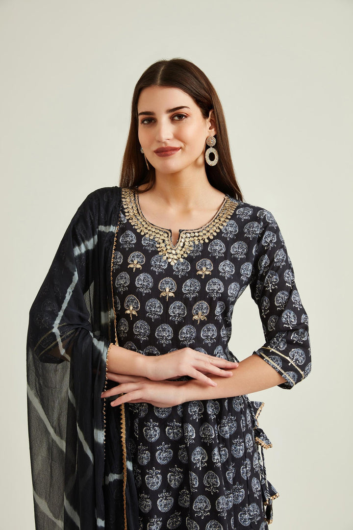 Neerus Black cotton embellished anarkali kurta - detail view 5