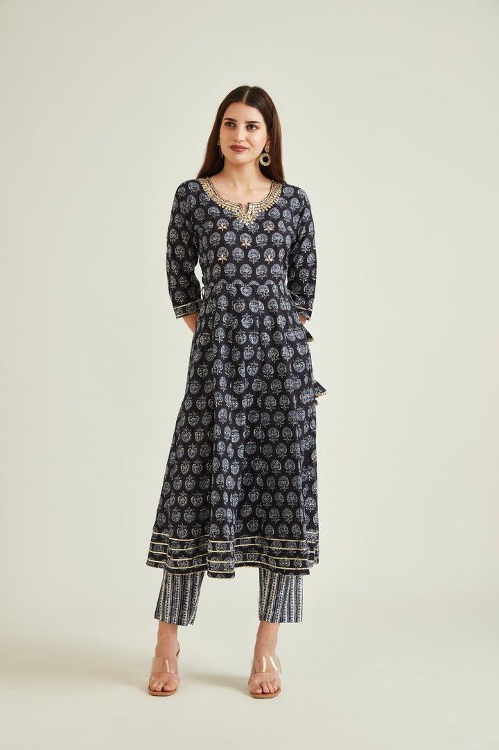 Neerus Black cotton embellished anarkali kurta - detail view 2