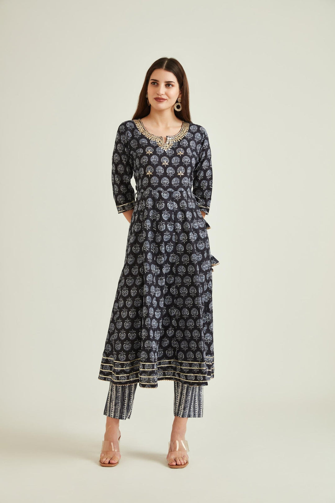 Neerus Black cotton embellished anarkali kurta - detail view 6