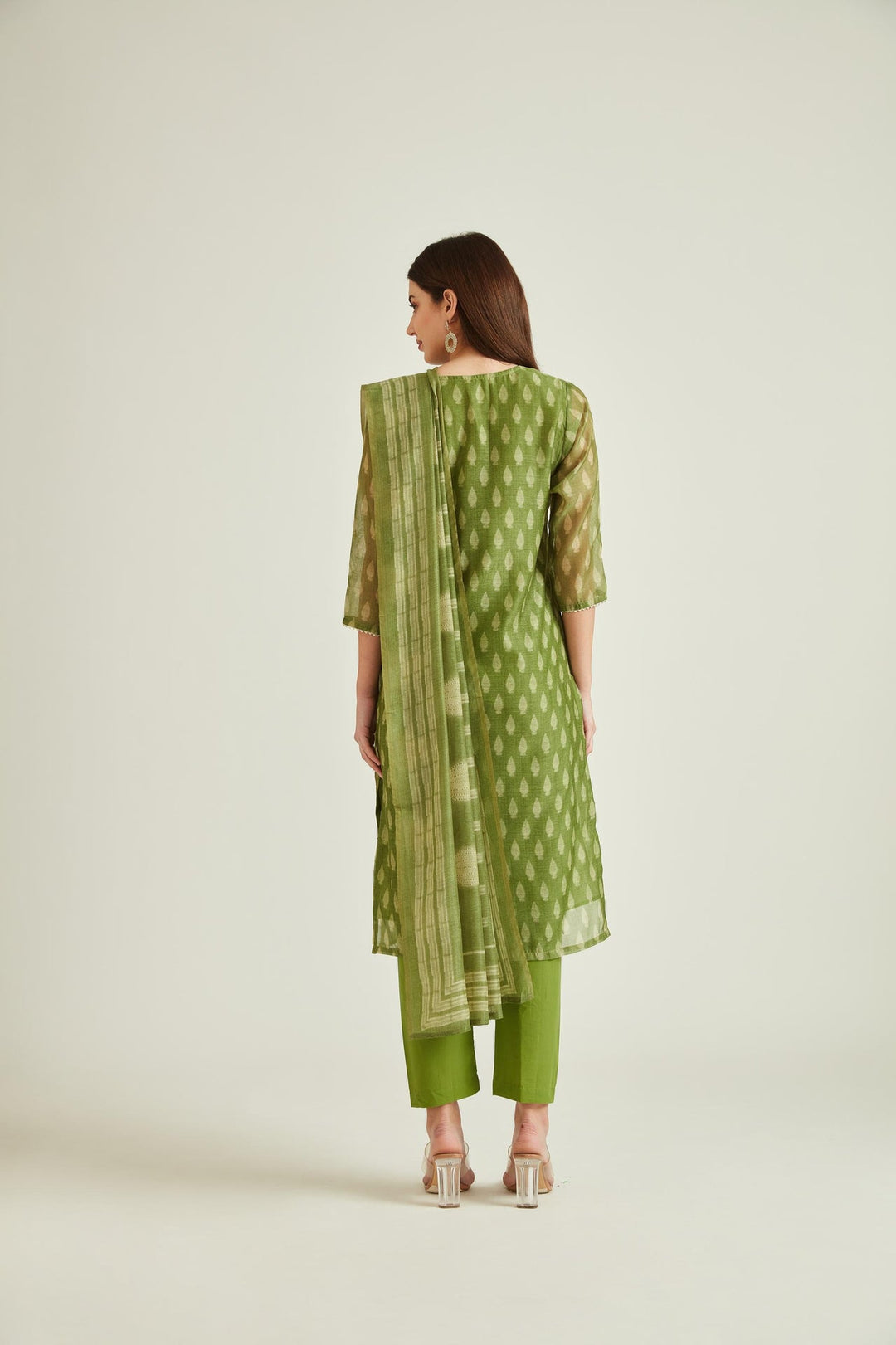 Neerus Green Banarasi woven kurta set - back view