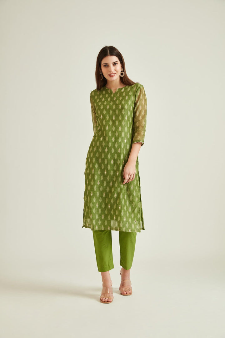 Neerus Green Banarasi woven kurta set - side view