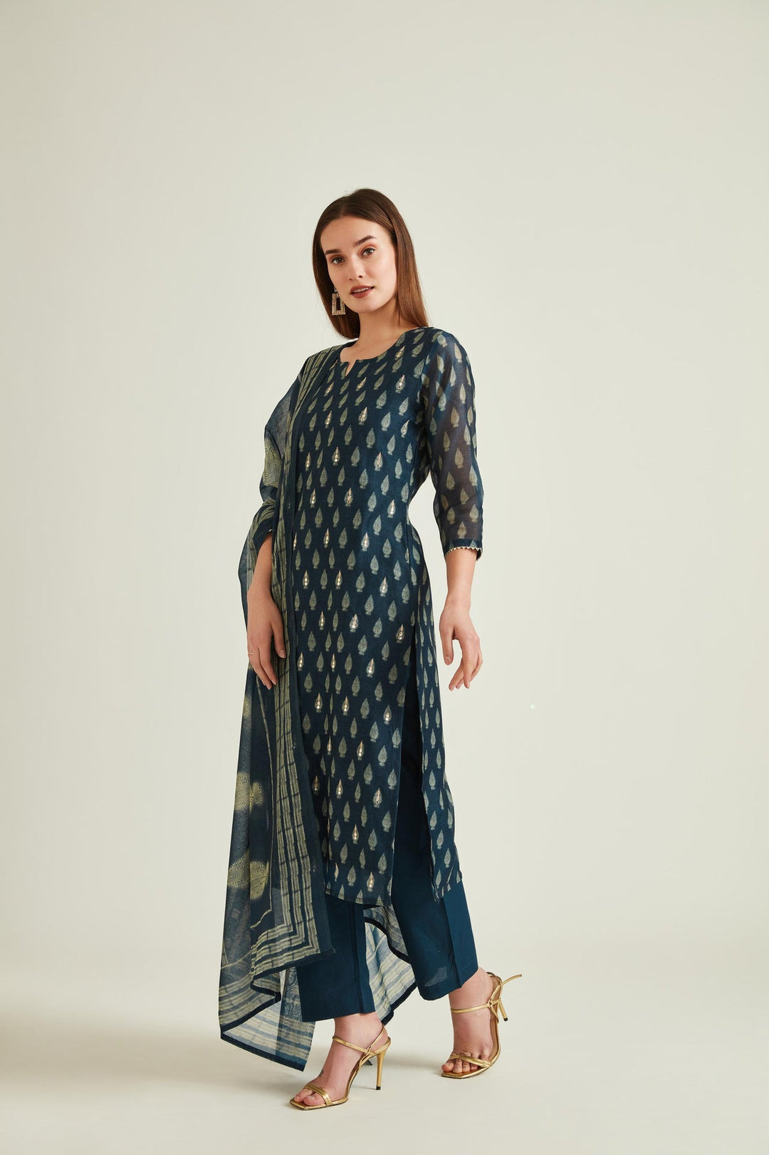 Neerus Blue Banarasi embellished kurta set - front view