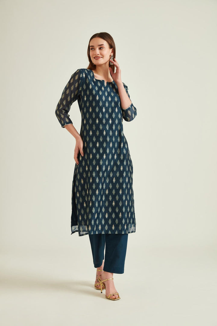 Neerus Blue Banarasi embellished kurta set - detail view 1