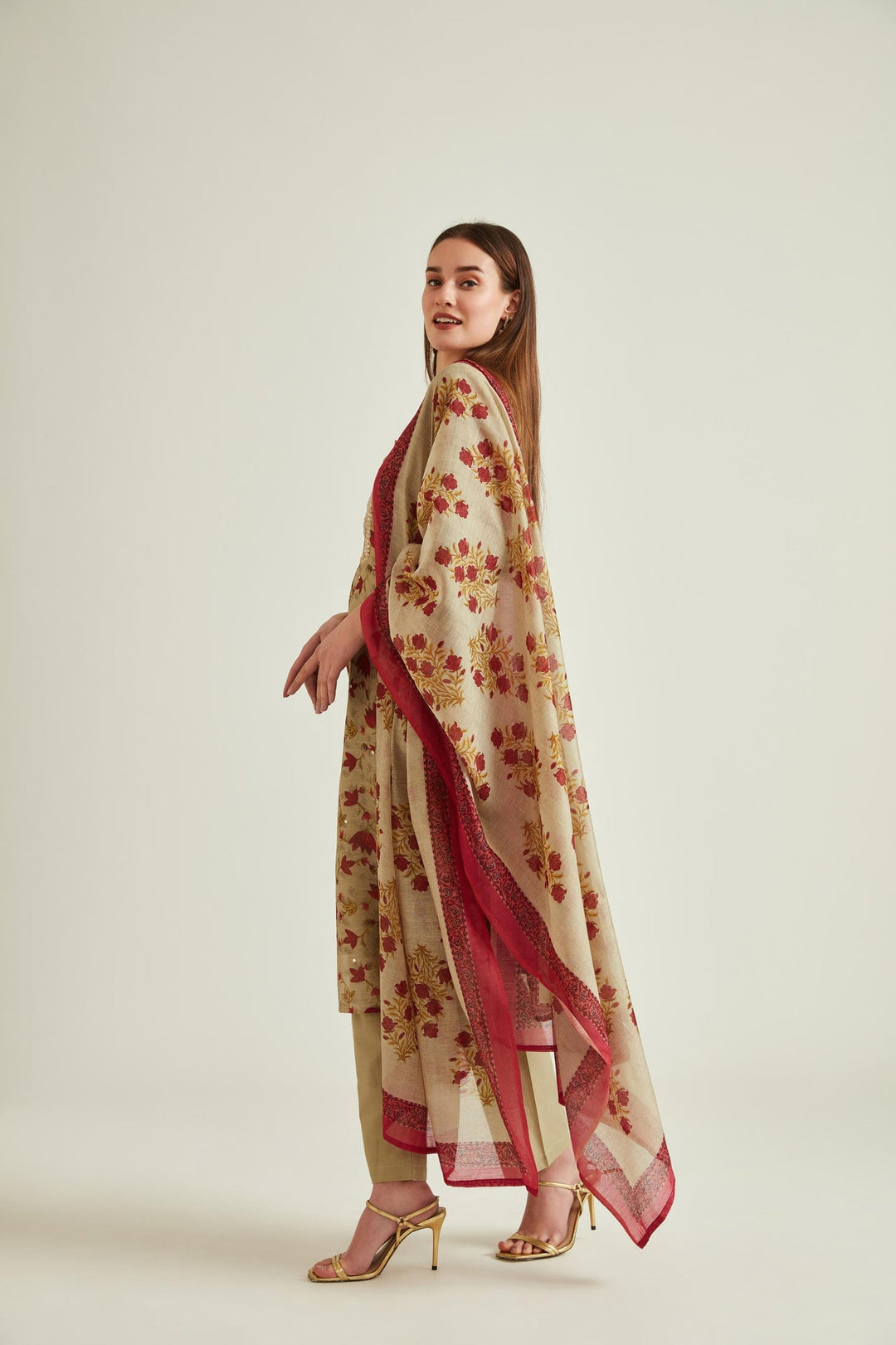 Neerus Beige Chanderi mirror work kurta set - back view