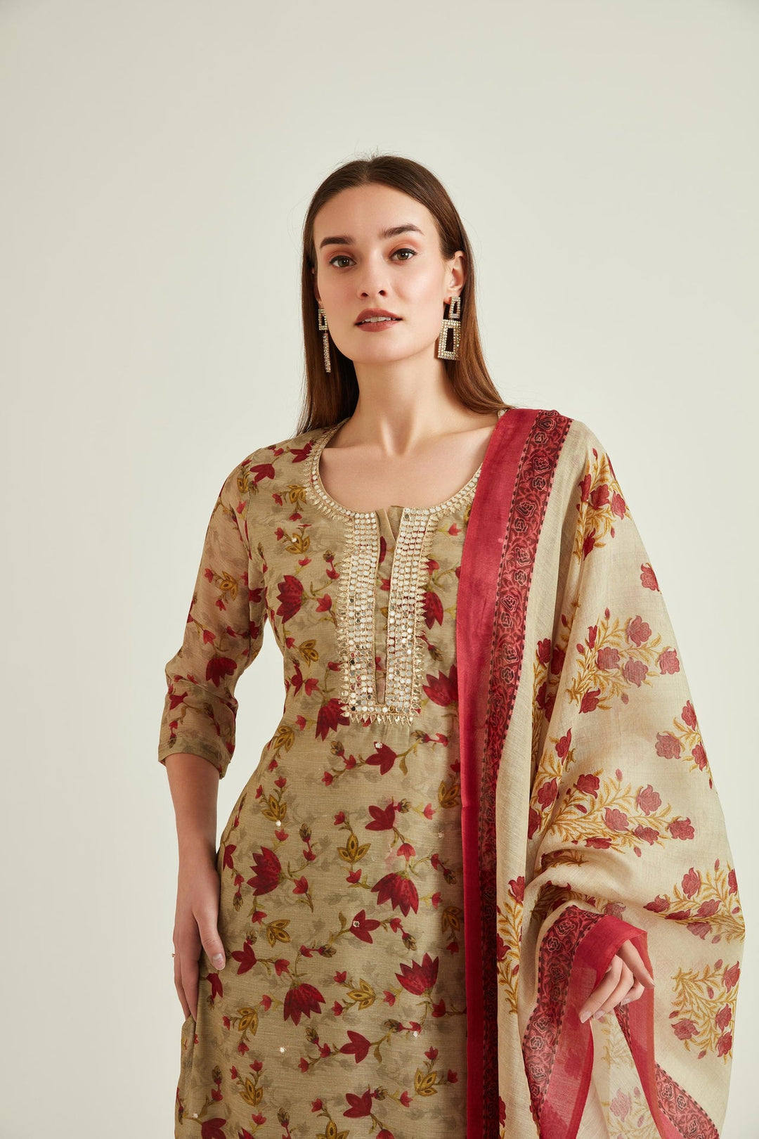 Neerus Beige Chanderi mirror work kurta set - detail view 1