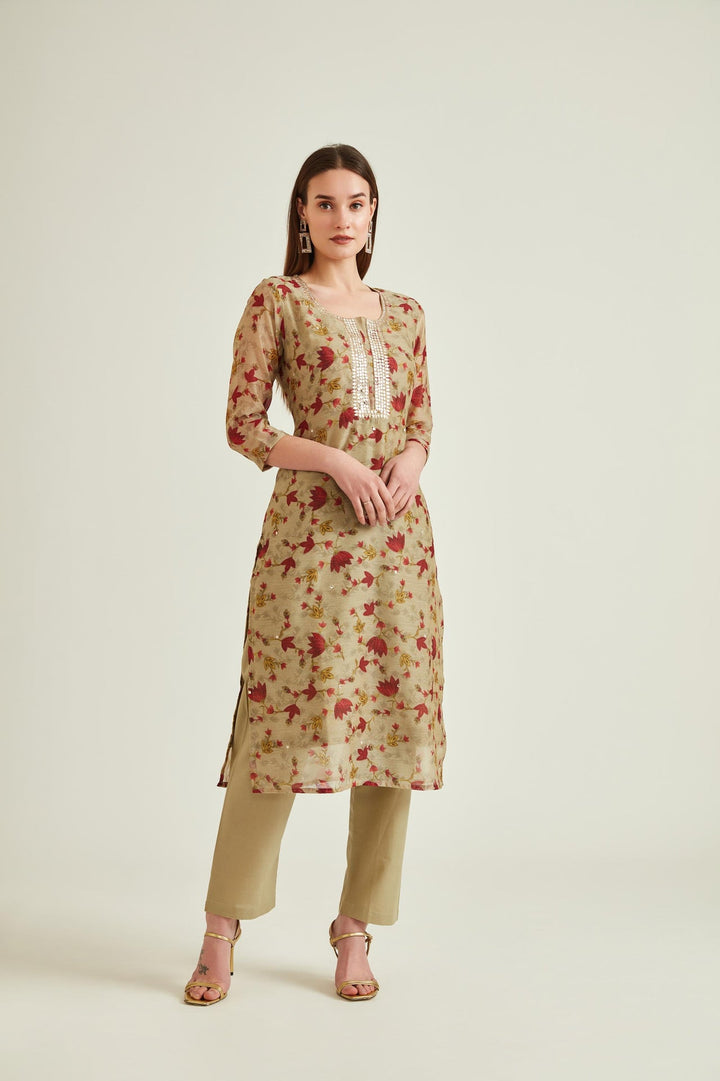 Neerus Beige Chanderi mirror work kurta set - front view