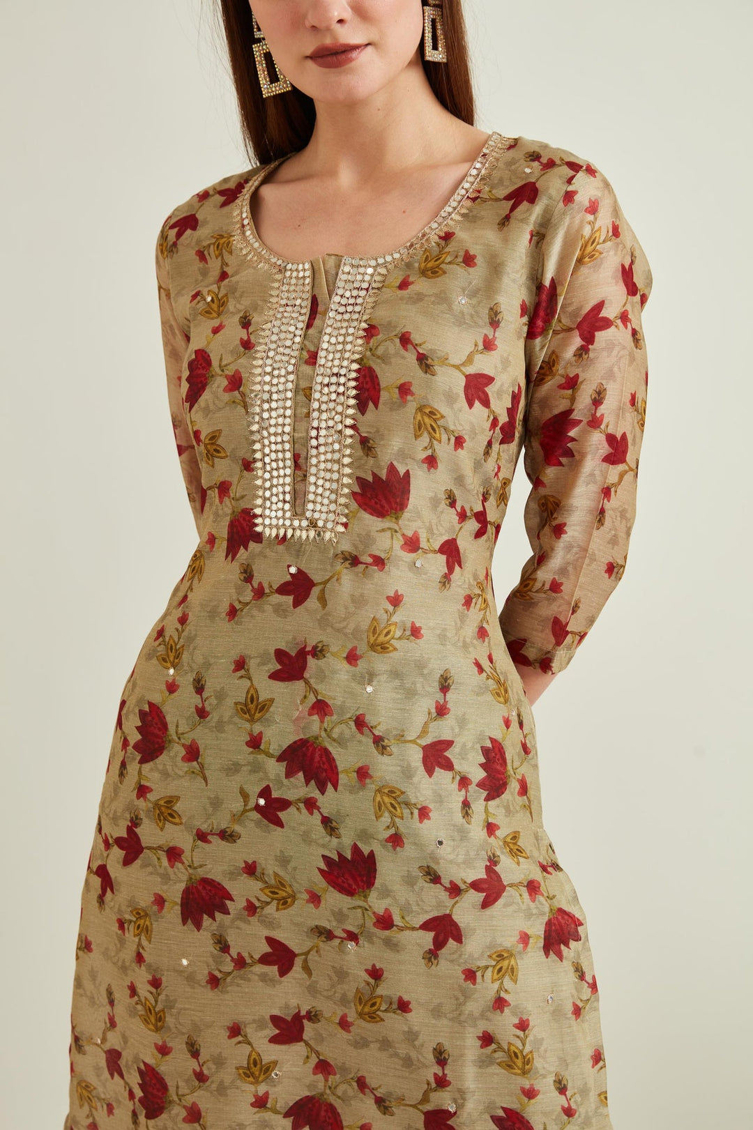 Neerus Beige Chanderi mirror work kurta set - detail view 2