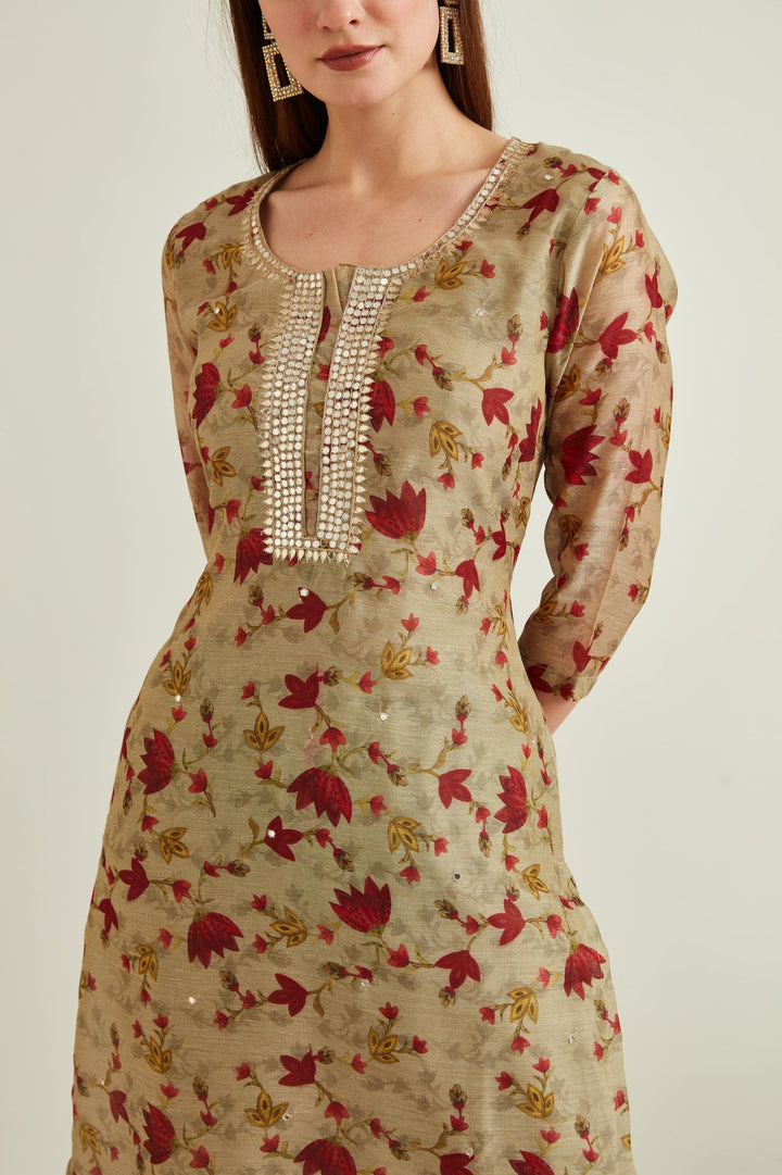 Neerus Beige Chanderi mirror work kurta set - detail view 2