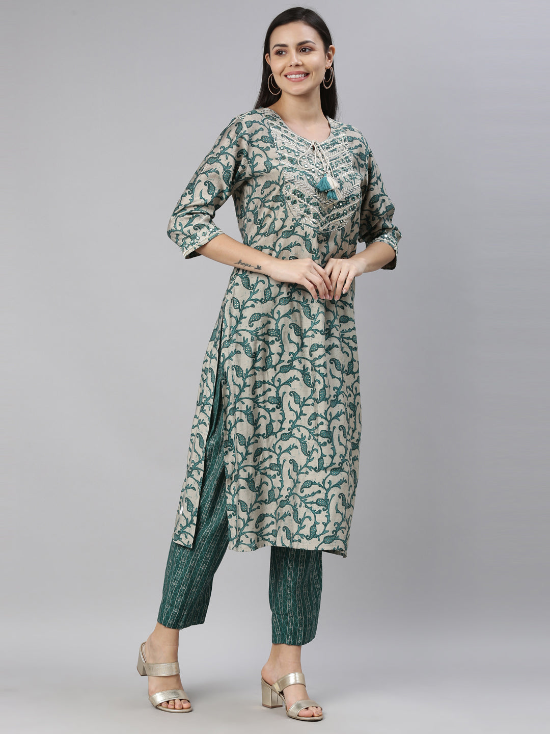 Neerus Green modal printed kurti - side view