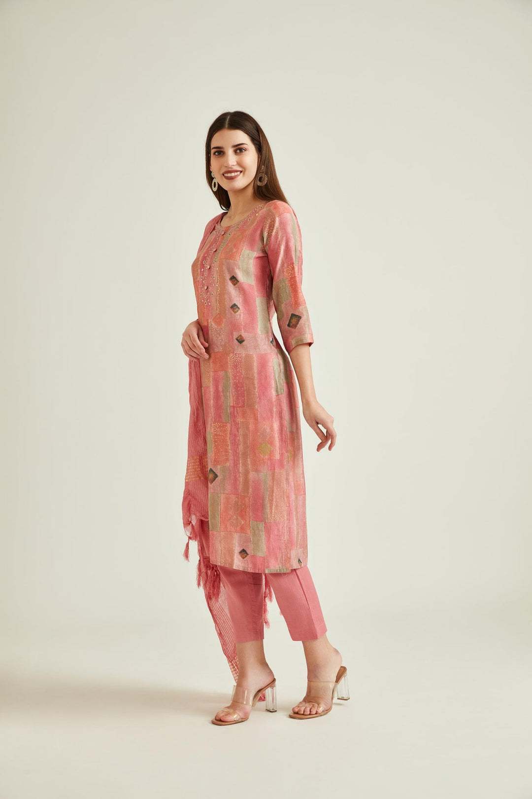 Neerus Pink muslin mirror work kurta set - front view
