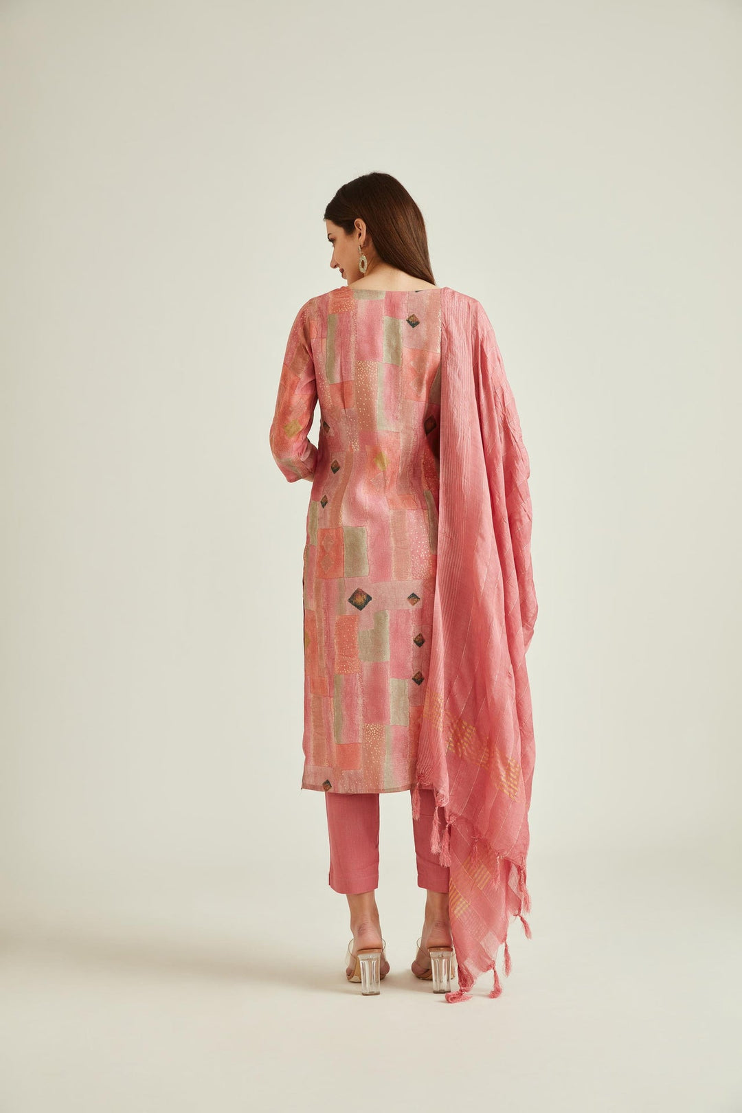 Neerus Pink muslin mirror work kurta set - back view