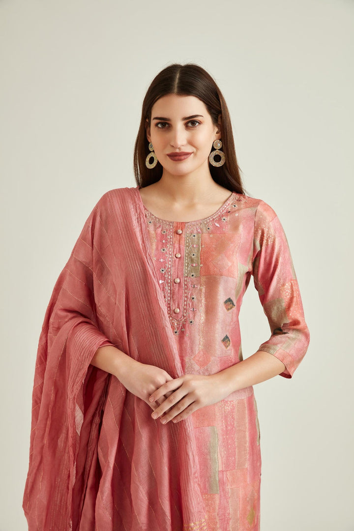 Neerus Pink muslin mirror work kurta set - side view