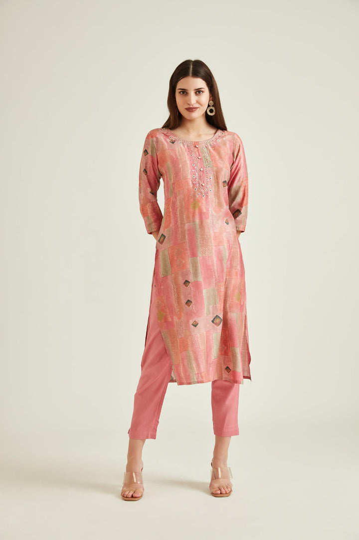 Neerus Pink muslin mirror work kurta set - detail view 1