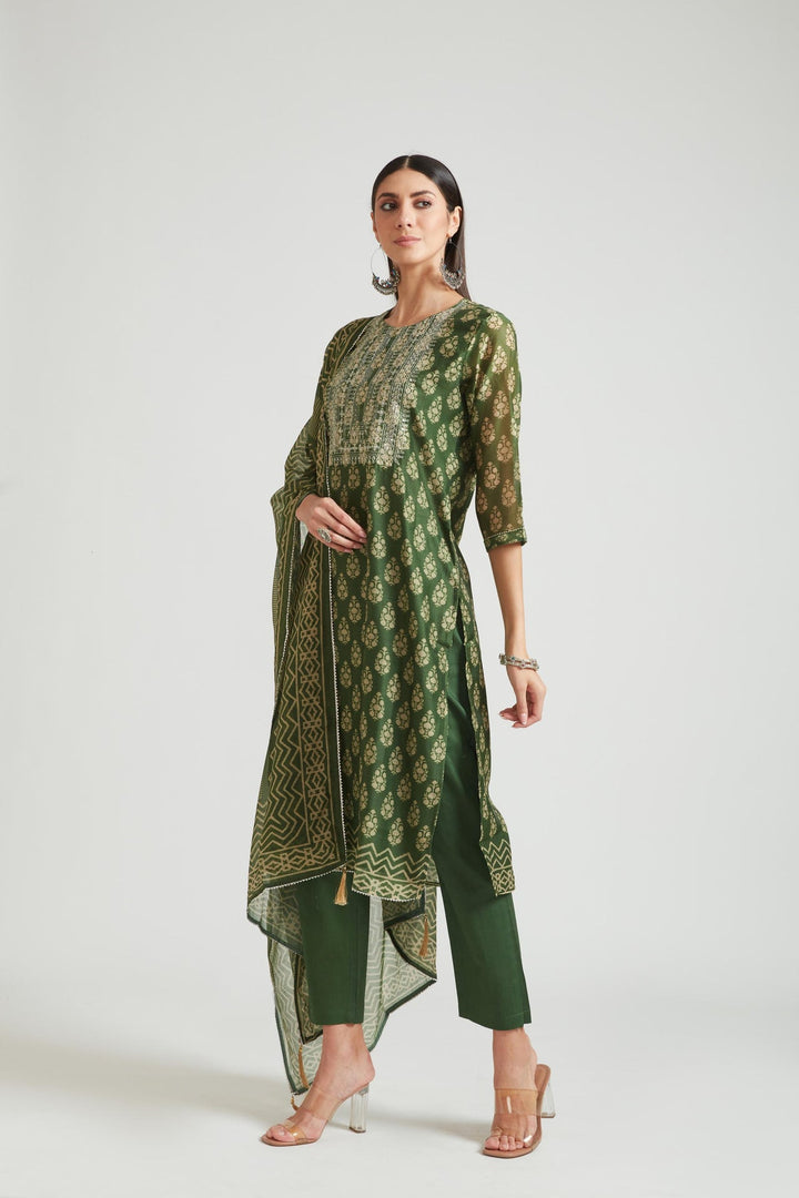 Neerus Green Chanderi printed kurta set - back view