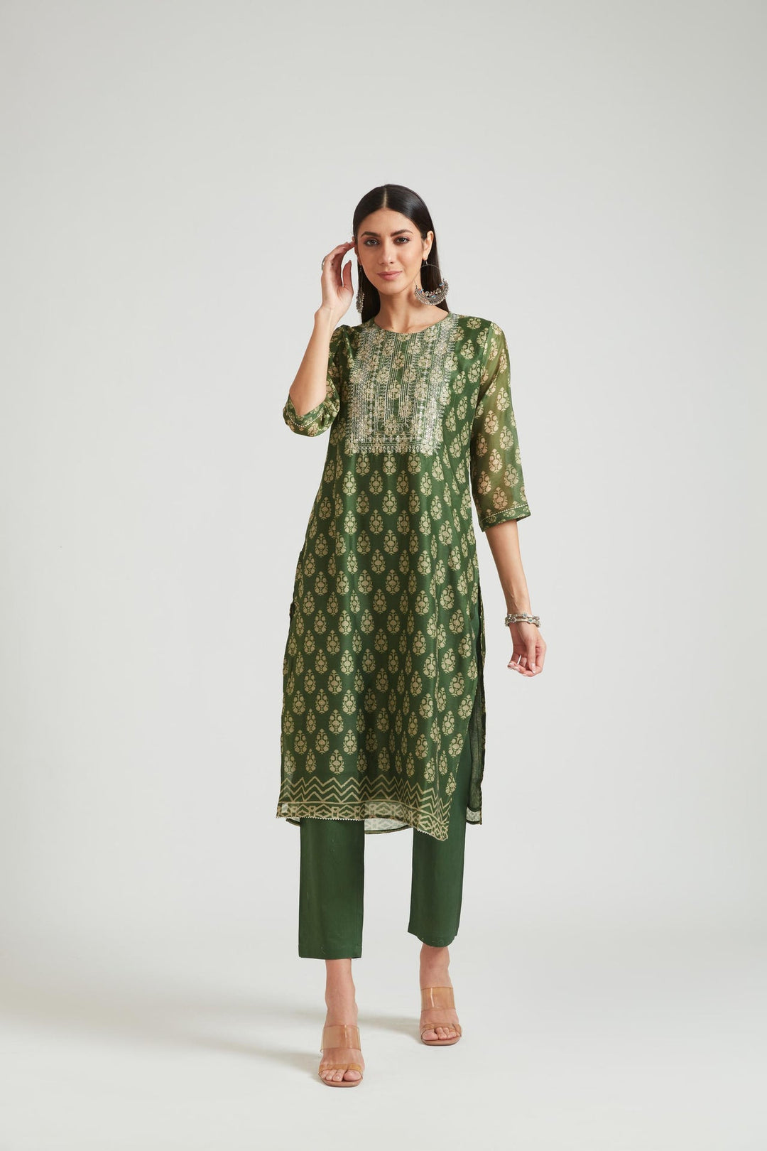 Neerus Green Chanderi printed kurta set - front view