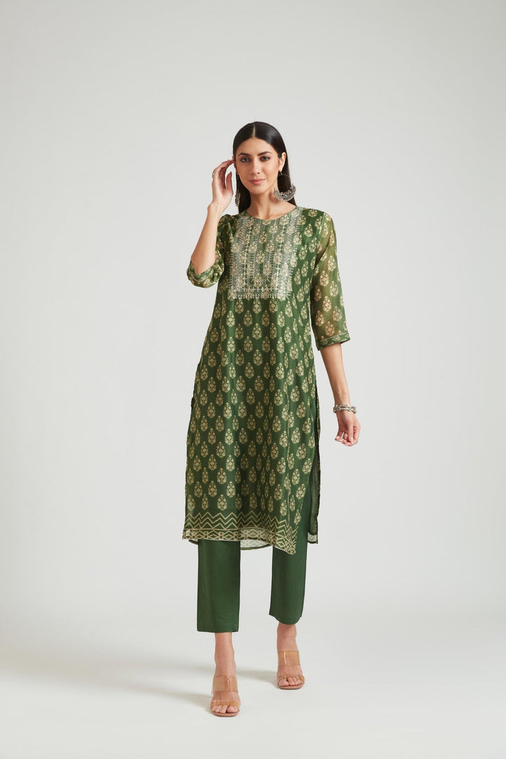 Neerus Green Chanderi printed kurta set - front view