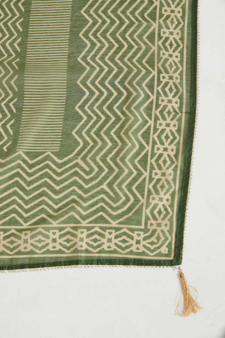 Neerus Green Chanderi printed kurta set - detail view 3
