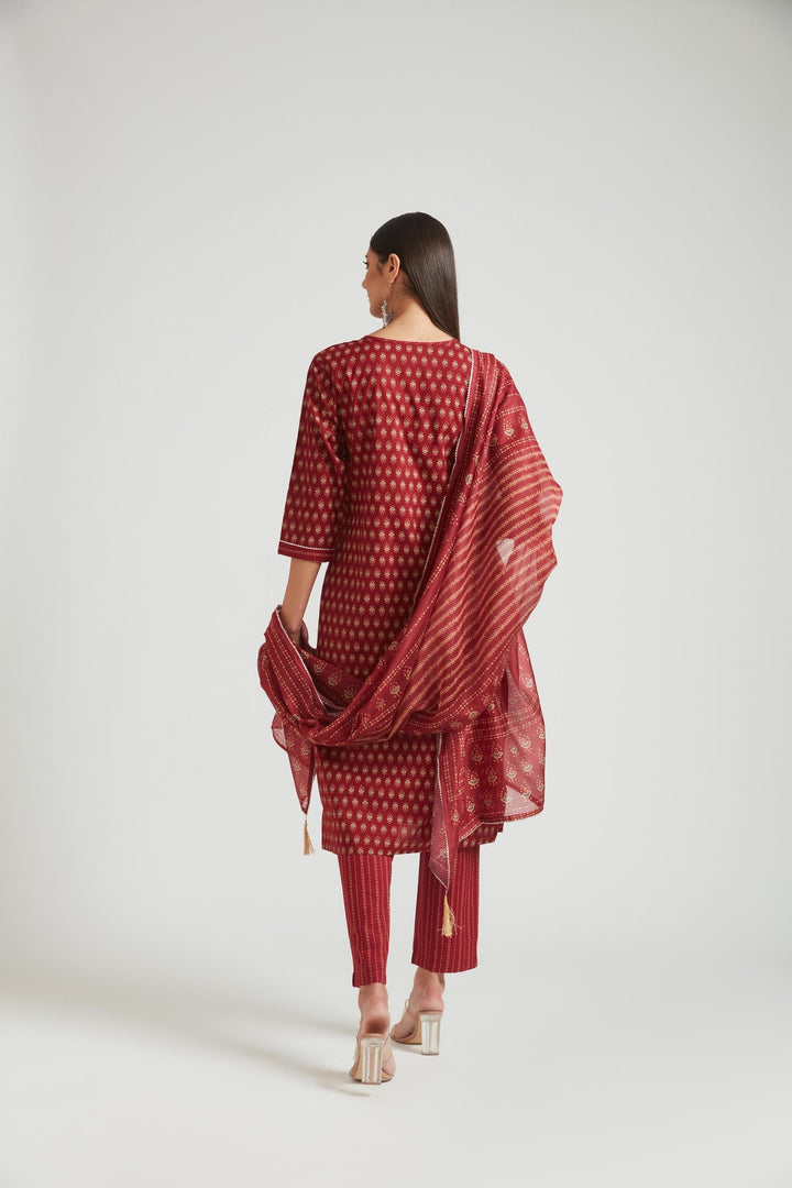 Neerus Maroon jute cotton printed kurta set - side view