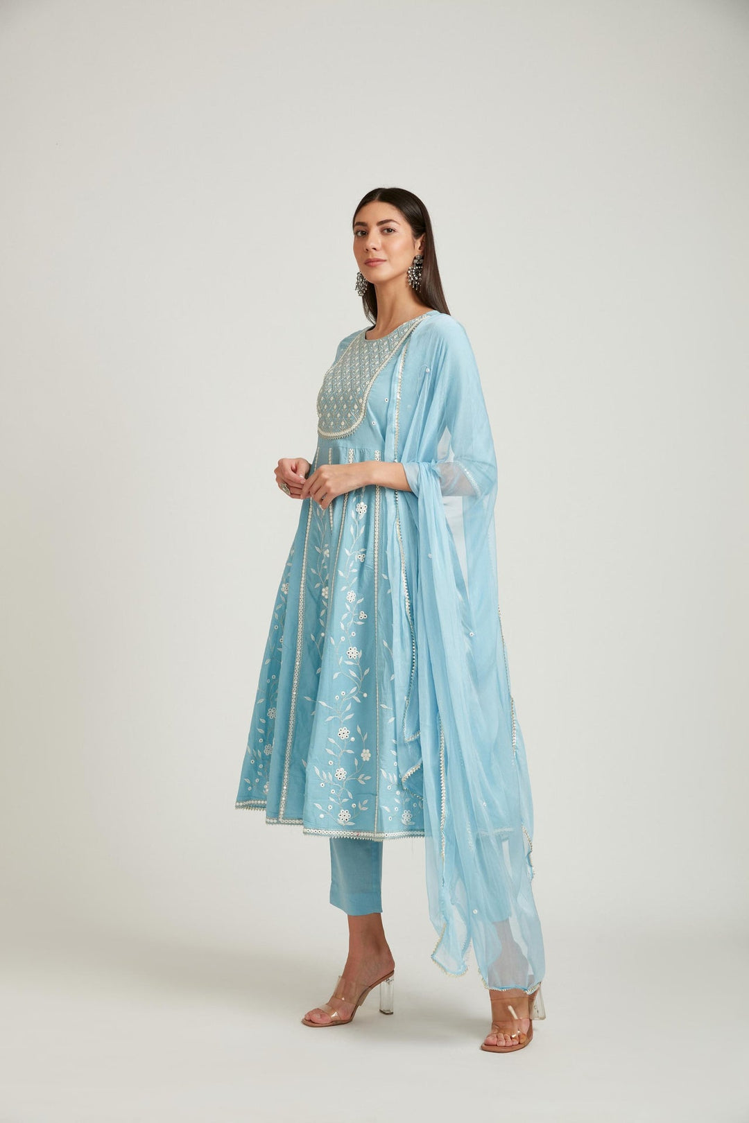 Neerus Blue cotton printed kurta set - back view