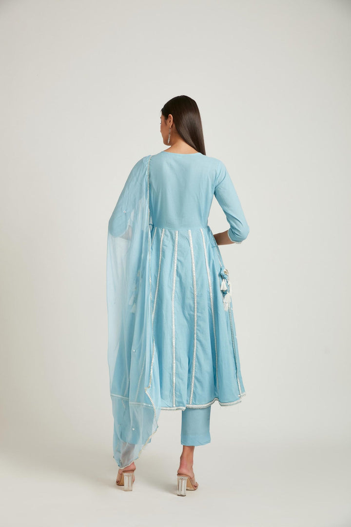 Neerus Blue cotton printed kurta set - side view