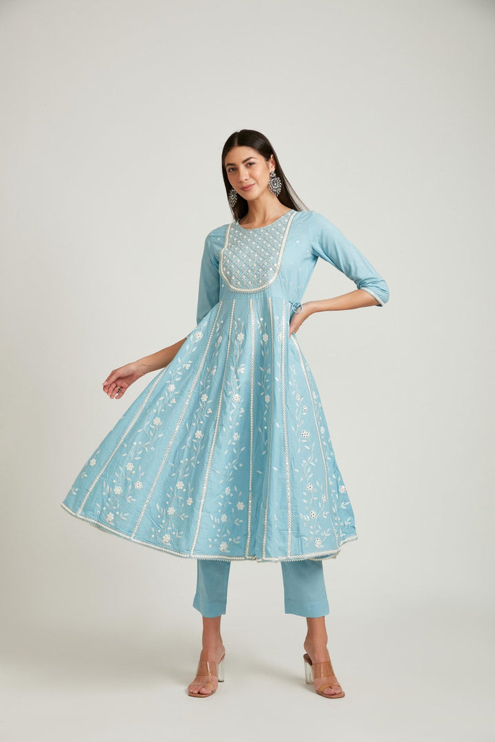 Neerus Blue cotton printed kurta set - front view