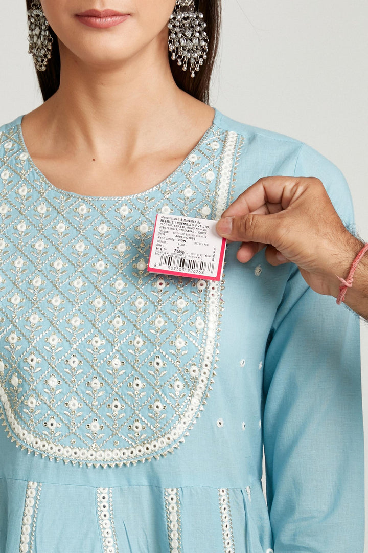 Neerus Blue cotton printed kurta set - detail view 4