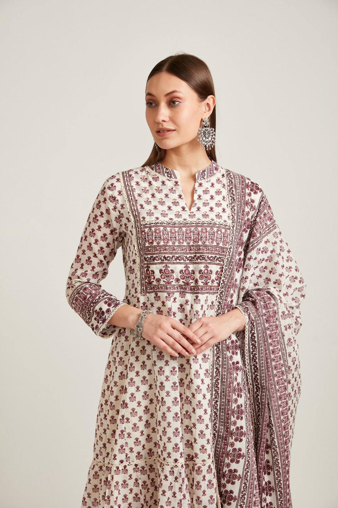 Neerus Purple cotton printed anarkali suit set - front view