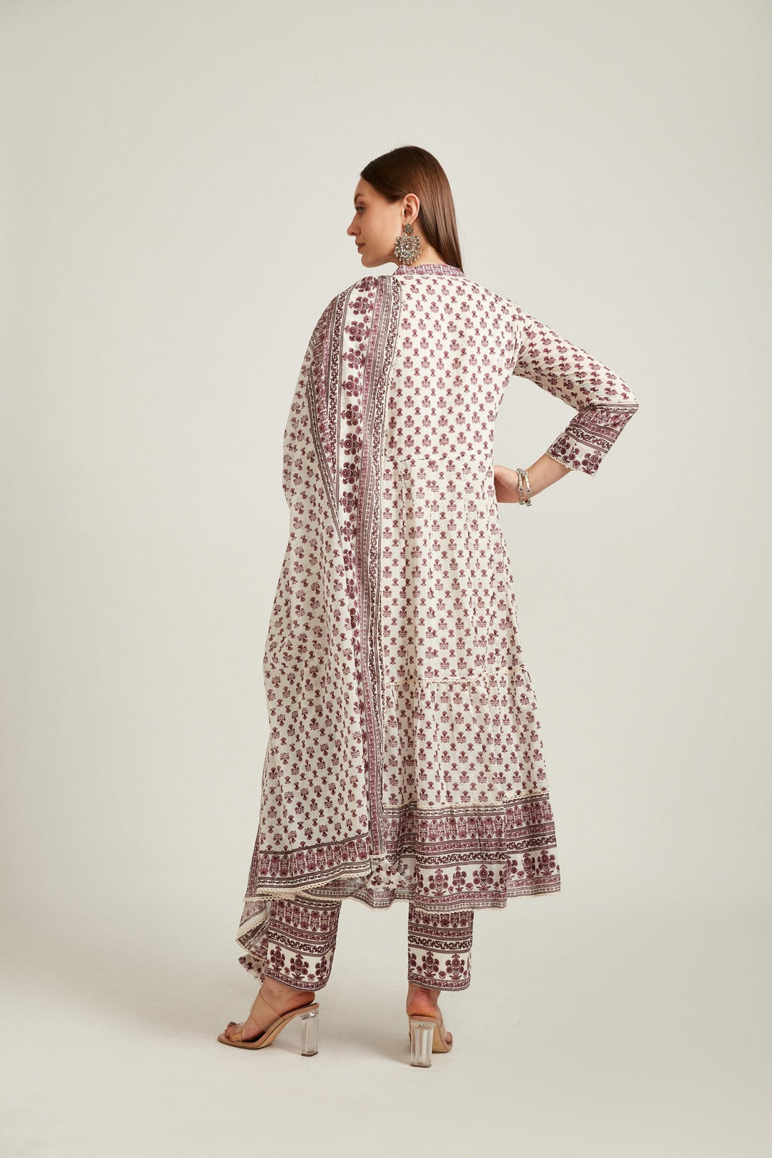 Neerus Purple cotton printed anarkali suit set - back view