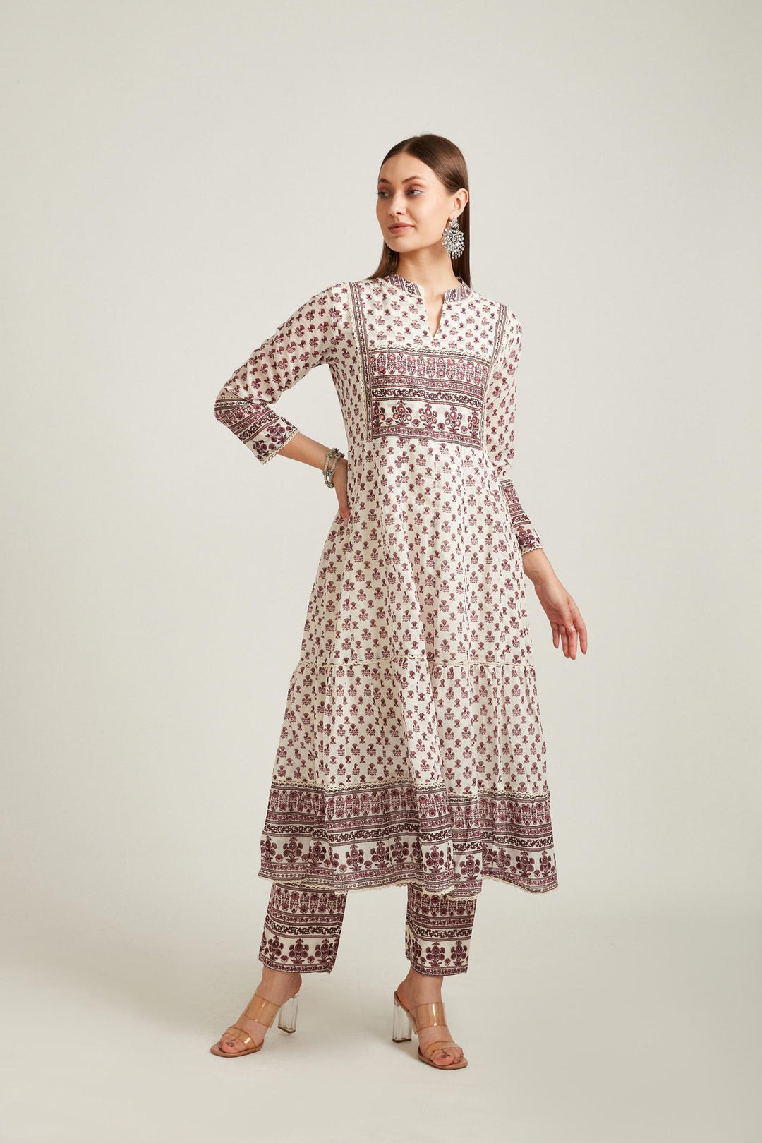 Neerus Purple cotton printed anarkali suit set - side view