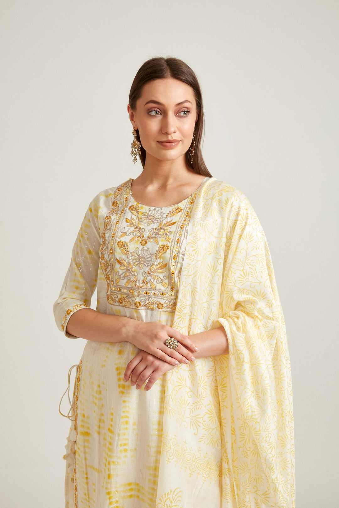 Neerus Yellow cotton ethnic kurta set - side view