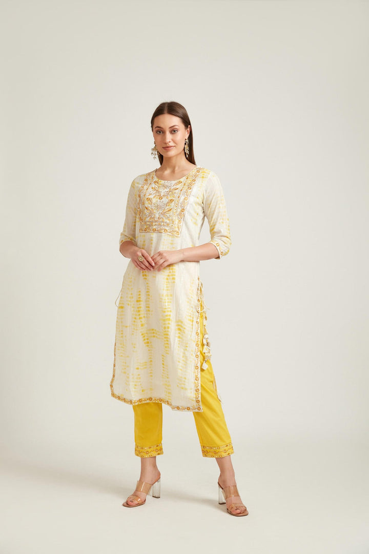 Neerus Yellow cotton ethnic kurta set - front view