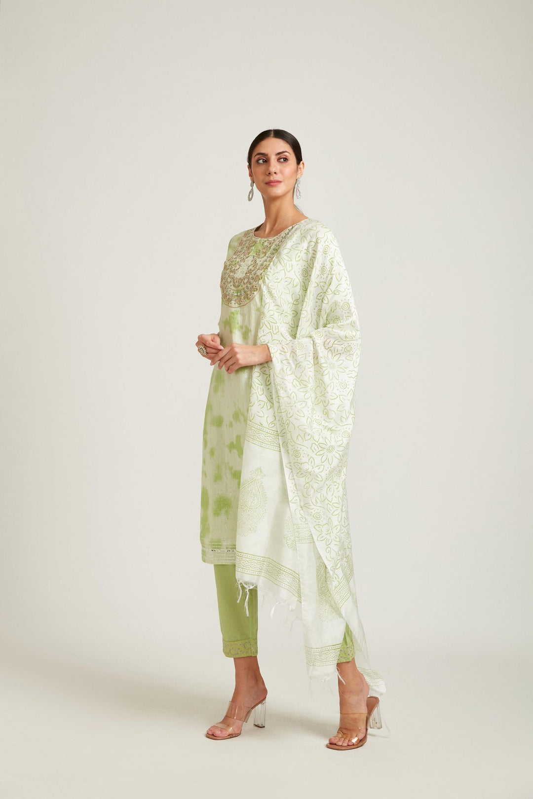Neerus Green Chanderi straight kurta set - front view
