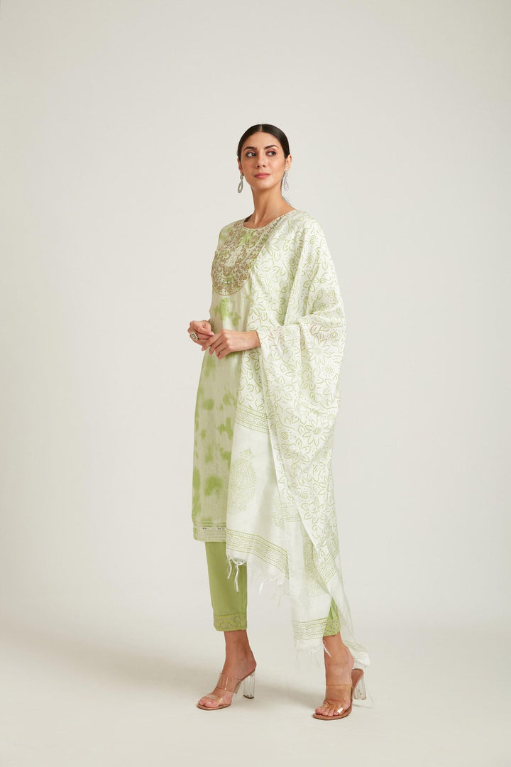 Neerus Green Chanderi straight kurta set - front view